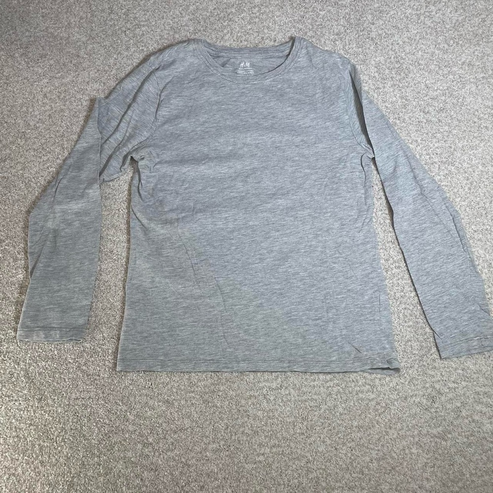 H&M Long-Sleeved Basic Crew Neck Cotton T Shirt Grey Size Youth 10-12y